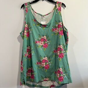 Ricrac and ruffles Teal Floral Tank Top with Pink Blooms xxl